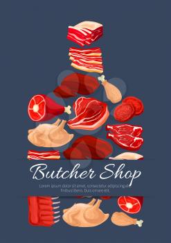 Fresh meat poster of cutting board and vector meat products pork tenderloin bacon and mutton ribs or sirloin, beef filet brisket or t-bone steak, turkey and chicken leg, liver and cutlets. Design for 