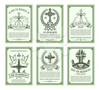 Happy Easter holiday card set. Christian and catholic cross with dove birds, olive tree branches and laurel wreath, ribbon banner and text layout with header He Is Risen. Easter Sunday holiday design