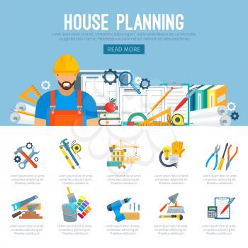 Building or house construction and repair planning infographics of vector work tools of carpenter worker measure ruler, helmet and drill, hammer and saw, wrench and screwdriver, trowel and paint brush