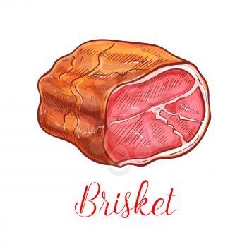 Brisket vector sketch icon of ham or bacon lump. Isolated fresh, smoked or salted steak meat and tenderloin or sirloin filet meaty delicatessen product of farm butchery pork, beef or veal