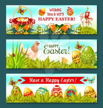 Cheerful Easter Holiday banner set. Easter eggs on grass with egg hunt basket, chicken and chick, spring flower arrangement with lily, tulip and painted egg, lamb of God with cross. Easter card design