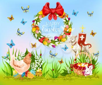 Best Easter wishes cartoon greeting card. Easter egg hunt meadow with decorated eggs, rabbit bunny, chicken, chick, lamb of God with cross, spring flower wreath with ribbon bow and flying butterflies