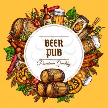 Beer pub vector poster of beer tancard and barrel, sausage barbecue and meat snacks, draught and lager beer can and bottle, oktoberfest pretzel and fish, seafood lobster or crab, hop and malt mill