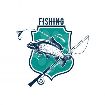 Fishing icon or vector isolated emblem badge of carp or salmon tout fish catch, fish-rod tackle of hook and bait lure for fisher club, fisherman sport adventure or fishery industry
