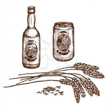 Beer and malt vector sketch of draught beer bottle and lager beverage in can, isolated beer brewery ingredient hop or wheat or barley grain ears and alcohol drink of ale pint for beer bar or pub