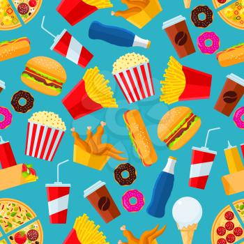 Fast food seamless pattern with vector snacks and drinks as pizza slice, chicken leg, fries, hot dog, cheeseburger, coffee, mayonnaise, ketchup, soda drink, ice cream scoop, pop corn, donut