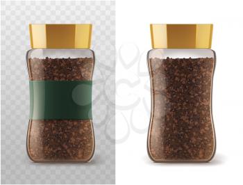 Coffee glass jar with instant coffee granules icons. Vector container package with brown lid and ribbon sticker isolated on white and transparent background for product packaging template
