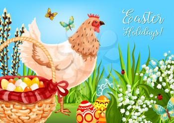 Easter chicken with eggs greeting card. Easter egg hunt basket on green grass with decorated eggs, chicken, lily flowers, willow tree branches and flying butterfly. Spring holiday poster design