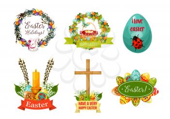 Easter spring holiday symbol set. Easter egg with ornament, rabbit bunny, egg hunt basket, spring flower wreath with lily, tulip and pussy willow twig, cross and candle cartoon signs for Easter design