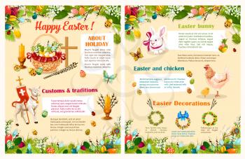 Easter holidays brochure template. Easter egg hunt basket with spring flowers and decorated eggs, rabbit bunny, chicken with chick, lamb of God with cross and candle with floral wreath and butterflies