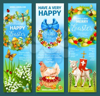 Happy Easter greetings banner template. Egg hunt grass meadow with decorated eggs, chicken, basket, Easter wreath of spring flowers with ribbon bow, lamb of God, cross and butterfly for festive design