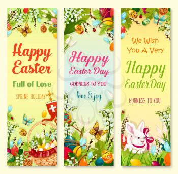 Easter Day greetings banner set. Easter eggs, rabbit bunny, egg hunt basket cartoon poster, decorated with flowers of lily and tulip, green grass, willow tree twigs and flying butterflies