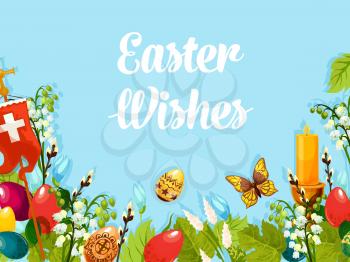 Easter holiday floral composition of patterned Easter eggs, lily and snowdrop flowers, cross, flaming candle, green grass and leaf, butterfly and willow branch for poster or card design