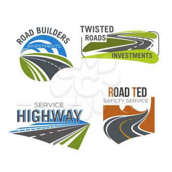 Road, highway, freeway and mountain pass isolated symbol set. Asphalt auto highway winding through green field and mountain valley for transportation services, road safety and building design