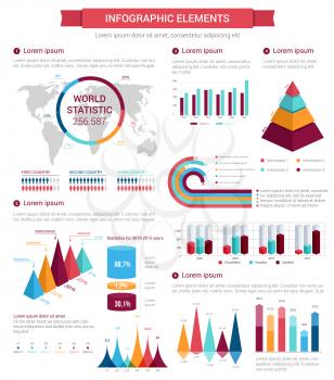 Infographic elements for business presentation with bar graphs, map with pie chart of world statistics, pyramid and arrow diagrams, stacked column percent chart, supplemented by text layouts