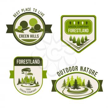 Nature, park, garden square and forest symbol set. Green nature landscape badges with decorative tree and plant, evergreen pine and fir. Public park, outdoor activity, ecology emblem design