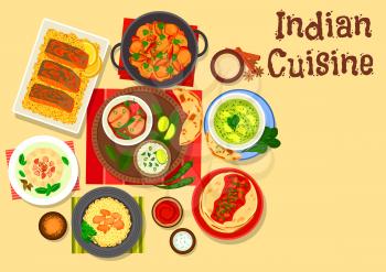 Indian cuisine chicken and fish curry icon served with rice, tomato sauce chutney on flatbread, spinach cheese soup, baked fish, cream dessert with fruits, chilli and potato stew