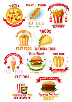 Fast food restaurant and takeaway lunch meal symbol set. Burger, hamburger, pizza, coffee and soda drinks, hot dog, cheeseburger, french fries, taco, ice cream, popcorn and onion rings emblems design