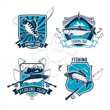 Fishing sport club heraldic badge set. Salmon, carp and perch fish with fishing rod, net and hook on shield with ribbon banner. Fishing sport, fishery, outdoor recreation themes design