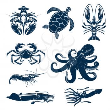 Seafood, marine animal icon set. Octopus, crab, shrimp, squid, lobster, prawn and sea turtle blue silhouettes for seafood market, restaurant menu, underwater wildlife themes design