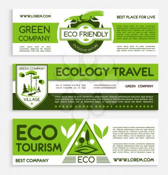 Travel and ecotourism banner template set. Ecology responsive travel agency flyer, poster, business card with green nature landscape and eco badges. Eco friendly lifestyle themes design