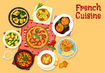 French cuisine tasty dinner icon of chicken tomato pie with cheese, vegetable stew ratatouille, banana toast, pear fruit in wine sauce, vegetable rice soup, mushroom potato casserole, spinach egg pie