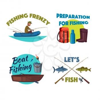 Boat fishing cartoon icon set. Fisherman is fishing from the rubber boat with rod, sea and river fish with crossed spinning rod, fishing tackles, wooden boat, bucket, boots, backpack. Fishing design