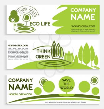 Eco green business banner template set. Ecological and environmental sustainable business company poster design with green trees and plants nature landscape background