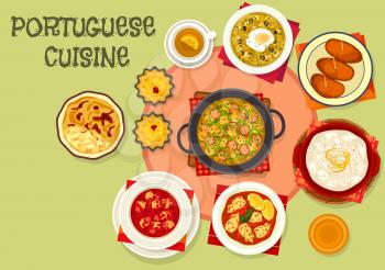 Portuguese cuisine popular dishes icon with fish potato cutlet, baked fish in cream sauce, tomato cod soup, bread soup with egg, stuffed squid, custard cake, cabbage sausage soup, rice pudding