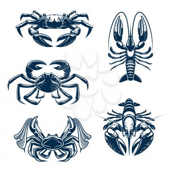 Crab and lobster marine animal icon set. Seafood symbol of fresh crab and crayfish for fish market, sea fishing and seafood restaurant themes design
