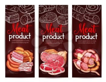 Meat menu banner on chalkboard. Beef and pork sausage, ham, salami, bacon, frankfurter, pepperoni and bologna chalk sketches. Appetizing meat products for butcher shop, meat store design