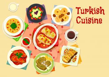 Turkish cuisine tasty lunch icon with baked fish in tomato sauce, stuffed eggplant with vegetable stew, lentil bulgur soup, dolma, eggplant roll with meat, vegetable salad, cake with date