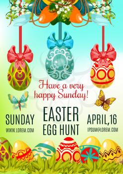 Easter Egg Hunt and Holy Sunday poster template. Painted Easter egg in green grass, floral wreath of lily and tulip flowers with ribbon bow and butterfly. Easter celebration invitation, flyer design