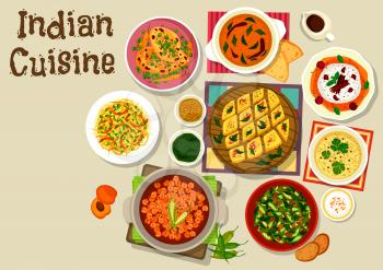 Indian cuisine dinner menu icon with chicken curry with vegetables, chickpea curry, lentil tomato sauce, ocra curry, cabbage pepper salad, corn lentil soup, chickpea semolina pie, cherry cream dessert
