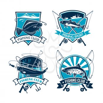 Fishing vector icons of fisher tackle and fish catch flounder or carp, navaga or sheatfish. Emblems or badges and ribbons set of fisherman rods and net, baits or lures and hooks for fishery sport trip