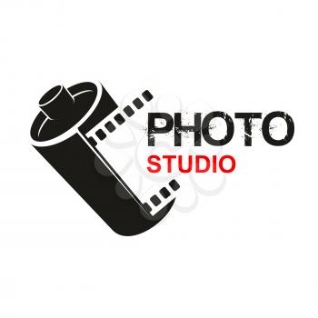 Camera photographic film vector icon of photo studio or photography school. Symbol or emblem of retro photograph film cartridge