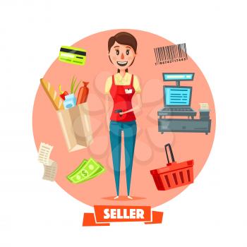 Shop seller or cashier woman profession with retail buy purchases on cash desk. Vector shopping cart or basket, credit card, money banknotes and coins, vendor barcode for grocery store products and ch
