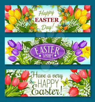 Easter greetings floral banner set. Easter egg and spring flower wreath of tulip, narcissus and lily of the valley flowers, green leaves and grapevine with butterfly. Easter celebration themes design