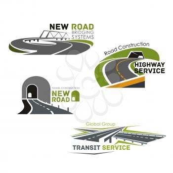 Road construction company vector icons. Emblems set for highway transit bridge building and motorway tunnels service or expressway drives and transport routes planning