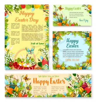 Easter Day festive banner and poster template. Easter egg in green grass, floral wreath of painted eggs, lily and snowdrop flowers, egg hunt basket, butterfly and willow twigs. Easter themes design