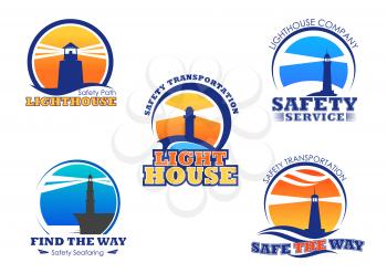 Lighthouse icons for safety seafaring company. Vector nautical or marine beacon lights set of isolated symbols for ship safe navigation and transportation
