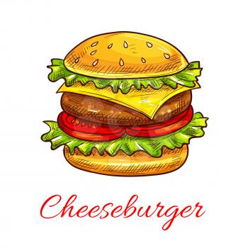 Cheeseburger vector icon for fast food symbol. Vector hamburger sandwich with grill meat and sesame bun, cheese and lettuce for fastfood restaurant or cafe snack or meal takeaway or delivery menu