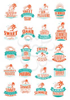 Summer holidays icons set. Sea holiday vacations or travel adventure symbols of sun and sand beach paradise, ocean waves with palms and sunset for relax resort and rest pleasure