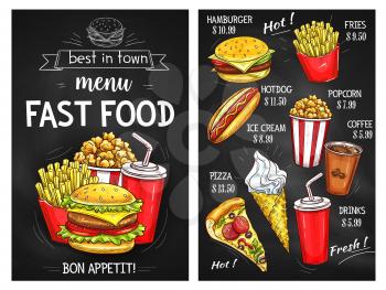 Fast food sketch menu template. Price for pizza and burger sandwich, hot dog hamburger or cheeseburger and french fries. Vector desserts of ice cream, popcorn and coffee or soda drink for delivery or 