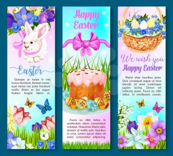 Happy Easter banners set of paschal eggs, cake and bunny rabbit in springtime flowers bunch of crocuses, daffodils and tulips in wicker basket. Vector design for Easter religion holiday greeting