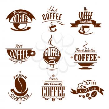 Cafeteria or cafe icons of coffee drinks, cups and coffee beans. Espresso hot aroma steam or cappuccino mug and chocolate latte macchiato froth. Premium symbols of americano or moka for coffeehouse si