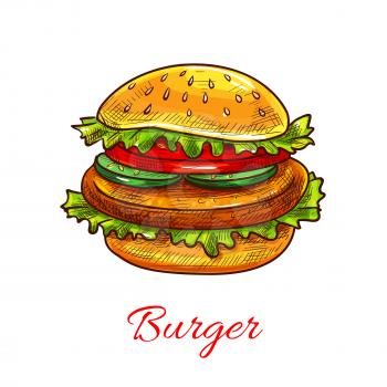 Burger or cheeseburger fast food icon. Vector hamburger sandwich with sesame bun, cheese and lettuce for fastfood restaurant or cafe snack or meal takeaway or delivery menu