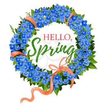 Hello Spring greeting card of crocus blue flowers wreath and pink springtime ribbon. Vector design of floral bunch bouquet element for spring holiday
