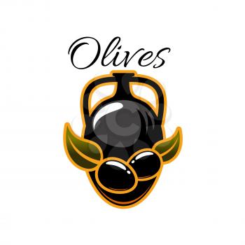 Black olives and olive oil in pitcher or jug. Vector icon of black olive-tree branch on jar or emblem for salad dressing ingredient or culinary cooking seasoning product and condiment bottle label tag