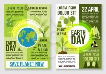 Save Earth and plant trees design for 22 April Earth Day event. Green nature environment conservation, deforestation protection and factory waste emission or pollution prevention concept. Vector web t